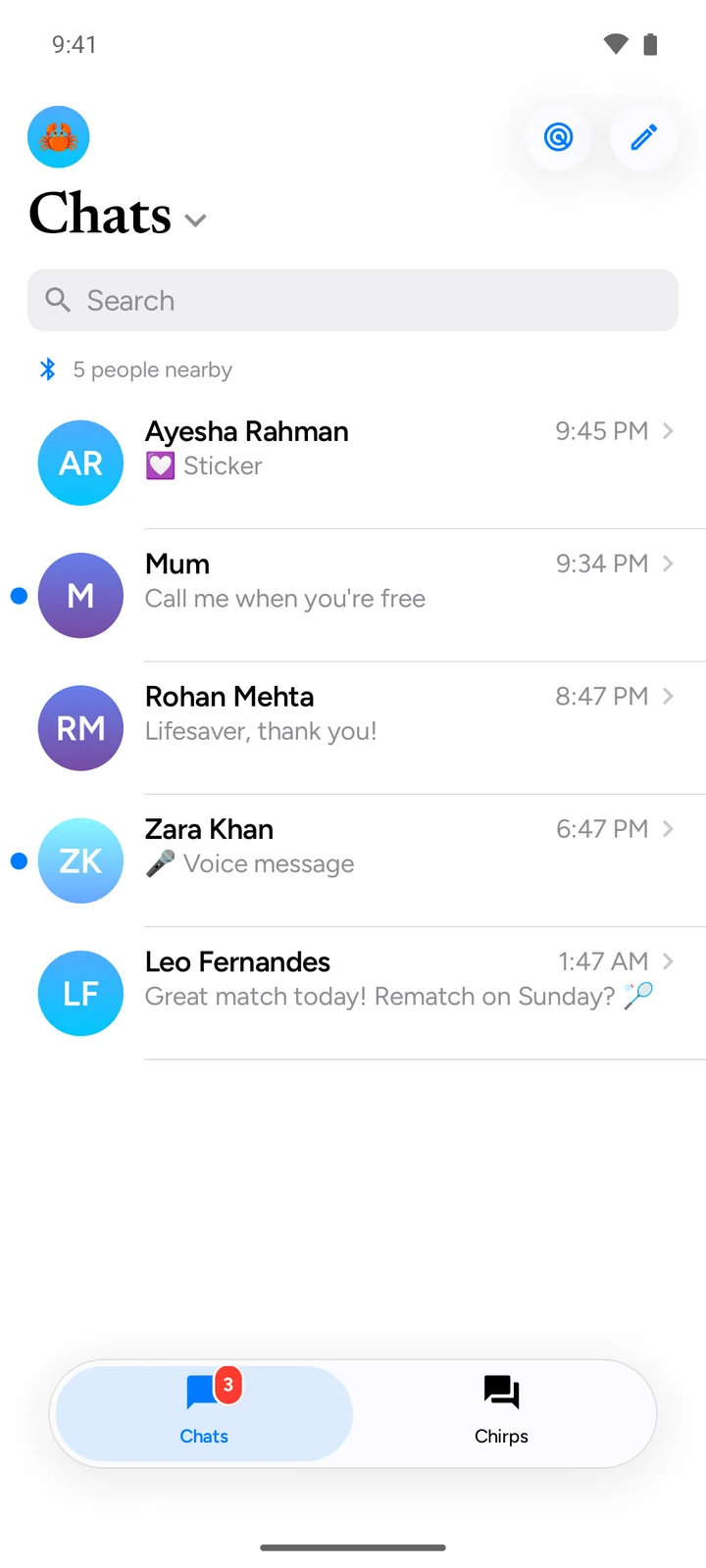 Chats list showing 5 people nearby