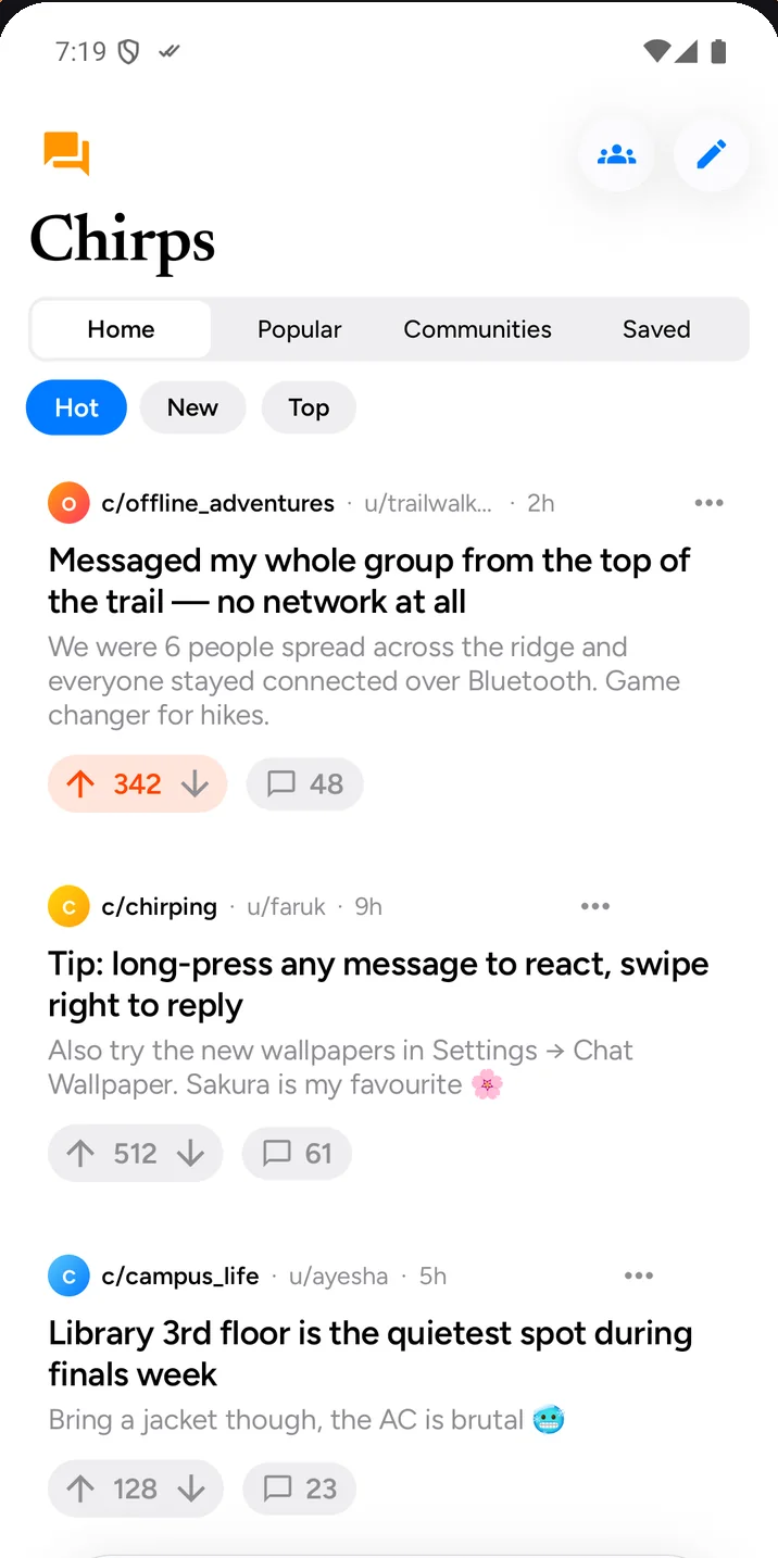Chirps communities feed