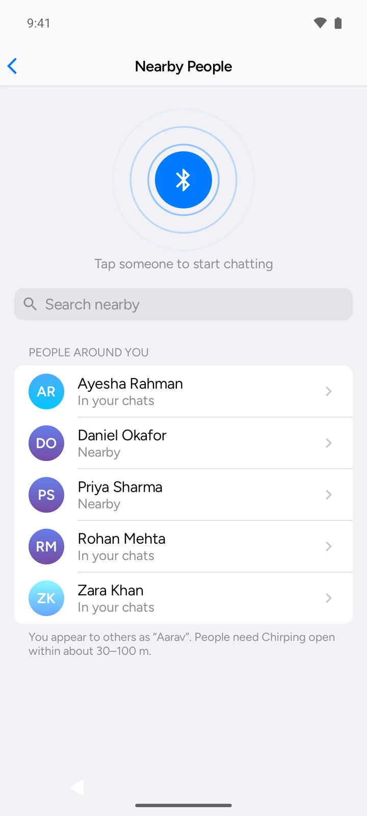 Nearby People screen listing people around you